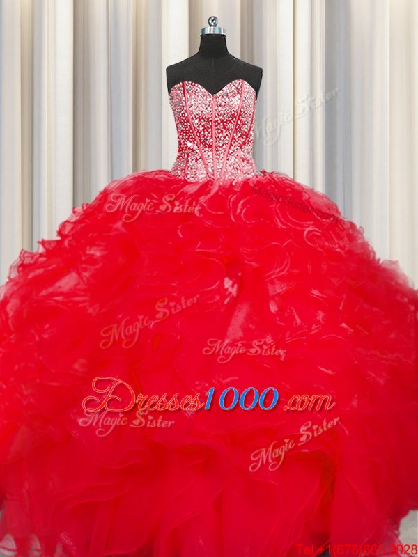 Visible Boning Pink Organza Lace Up Scalloped Sleeveless Floor Length Sweet 16 Dress Beading and Ruffles