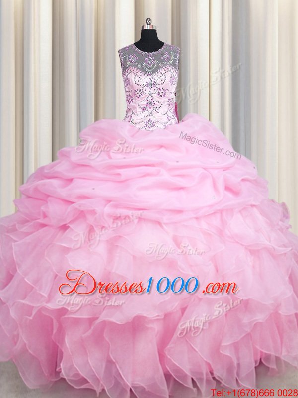 See Through Floor Length Lace Up Quinceanera Gown Rose Pink and In for Military Ball and Sweet 16 and Quinceanera with Beading and Ruffles and Pick Ups