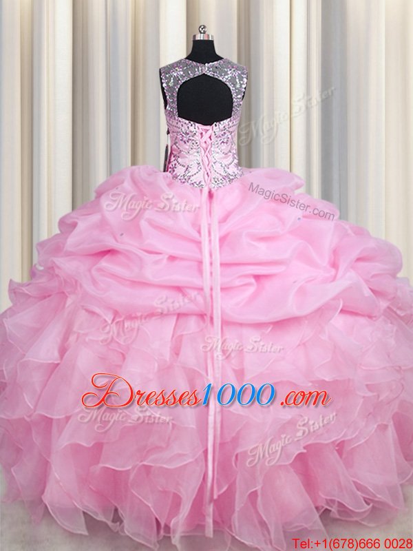 See Through Floor Length Lace Up Quinceanera Gown Rose Pink and In for Military Ball and Sweet 16 and Quinceanera with Beading and Ruffles and Pick Ups