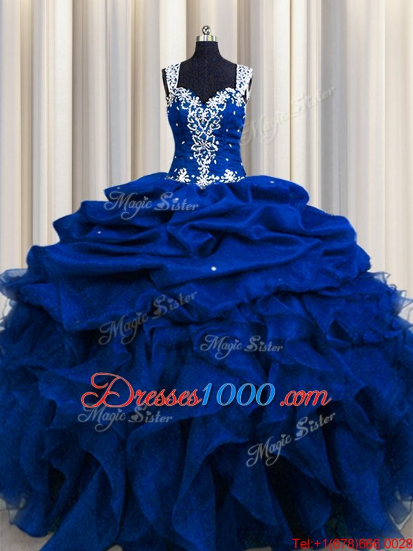 Zipple Up See Through Back Royal Blue Zipper Straps Beading and Ruffles and Sequins and Pick Ups Quince Ball Gowns Organza Sleeveless