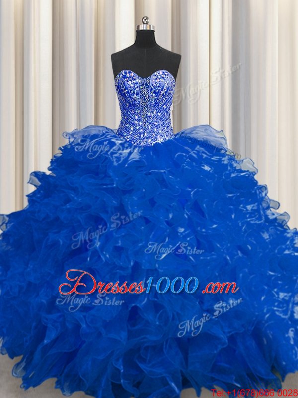 See Through Royal Blue Lace Up Ball Gown Prom Dress Beading and Ruffles Sleeveless Floor Length