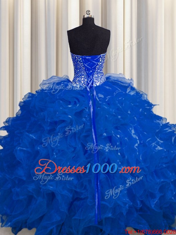 See Through Royal Blue Lace Up Ball Gown Prom Dress Beading and Ruffles Sleeveless Floor Length