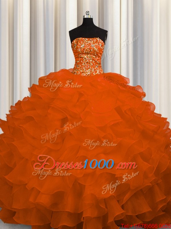Popular Beading and Ruffles Quinceanera Dress Rust Red Lace Up Sleeveless Sweep Train