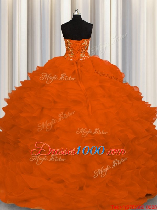 Popular Beading and Ruffles Quinceanera Dress Rust Red Lace Up Sleeveless Sweep Train