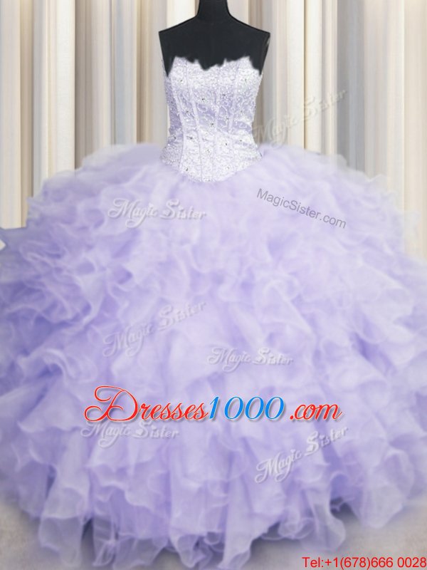 Pretty Lavender Ball Gowns Organza Scalloped Sleeveless Beading and Ruffles Floor Length Lace Up Sweet 16 Dresses