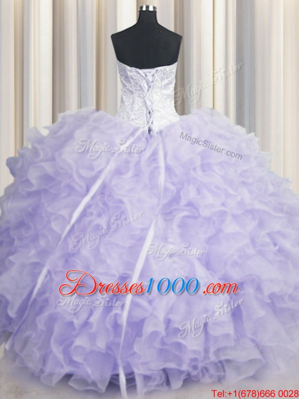 Pretty Lavender Ball Gowns Organza Scalloped Sleeveless Beading and Ruffles Floor Length Lace Up Sweet 16 Dresses