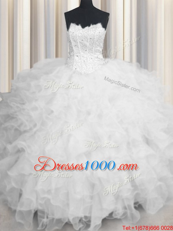 Adorable Scalloped White Sleeveless Organza Lace Up Sweet 16 Dress for Military Ball and Sweet 16 and Quinceanera