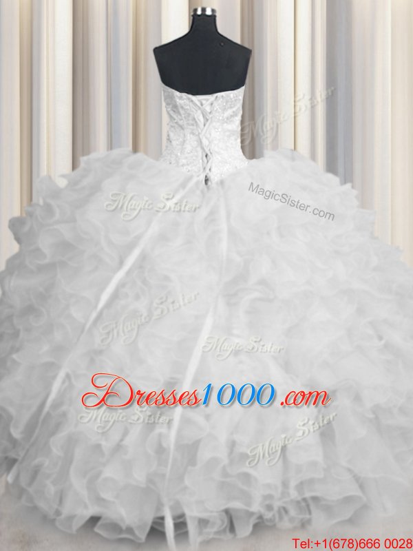 Adorable Scalloped White Sleeveless Organza Lace Up Sweet 16 Dress for Military Ball and Sweet 16 and Quinceanera