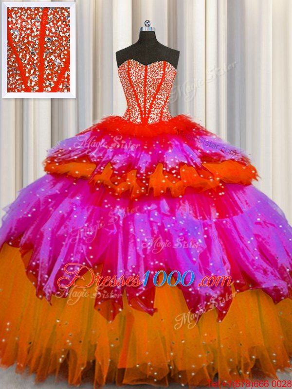 Bling-bling Visible Boning Sleeveless Beading and Ruffles and Ruffled Layers and Sequins Lace Up Vestidos de Quinceanera