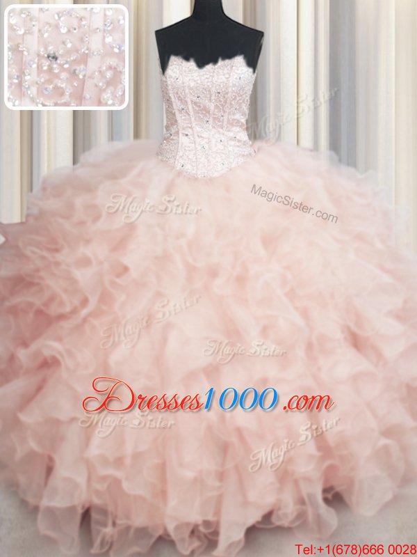 Visible Boning Floor Length Peach Quinceanera Gowns Scalloped Sleeveless Lace Up