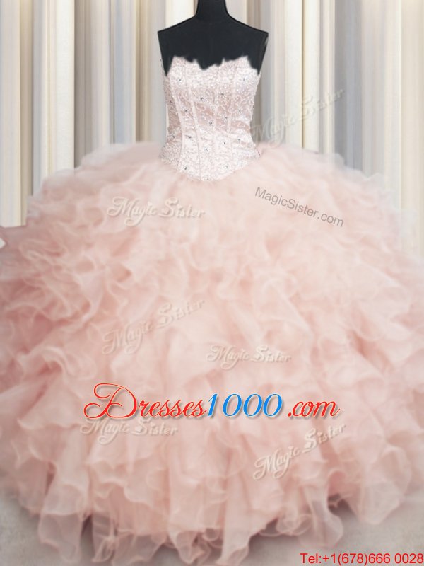 Visible Boning Floor Length Peach Quinceanera Gowns Scalloped Sleeveless Lace Up