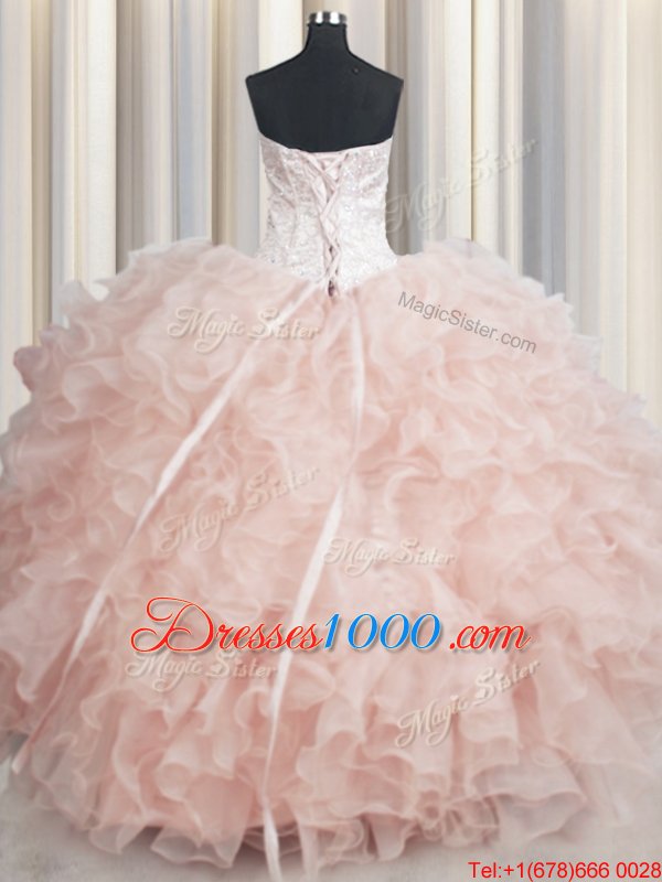 Visible Boning Floor Length Peach Quinceanera Gowns Scalloped Sleeveless Lace Up
