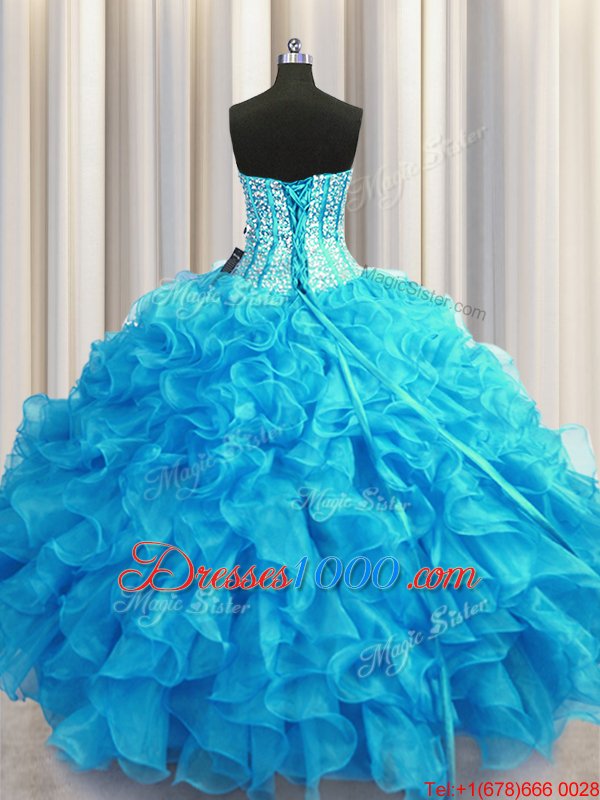 With Train Ball Gowns Sleeveless Aqua Blue Sweet 16 Quinceanera Dress Sweep Train Lace Up