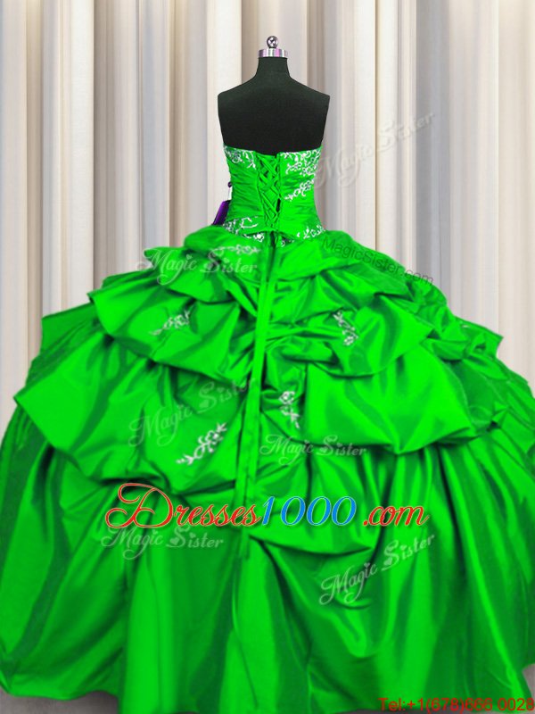 Strapless Sleeveless Sweet 16 Quinceanera Dress Floor Length Appliques and Pick Ups Green Taffeta