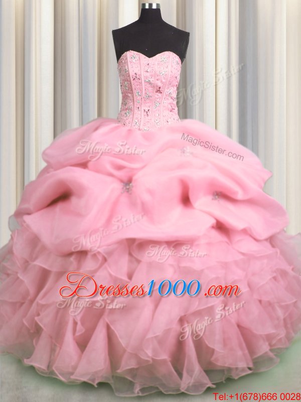 Visible Boning Floor Length Rose Pink Quinceanera Gown Organza Sleeveless Beading and Ruffles and Pick Ups