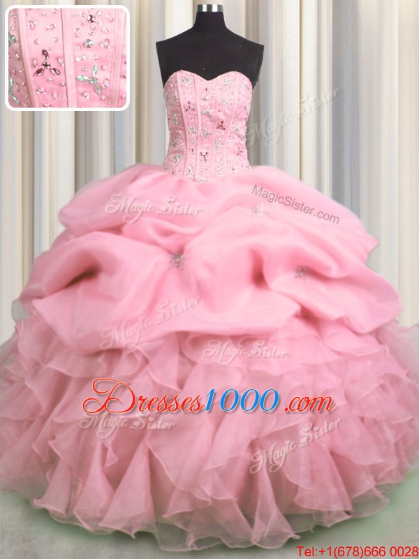 Visible Boning Floor Length Rose Pink Quinceanera Gown Organza Sleeveless Beading and Ruffles and Pick Ups