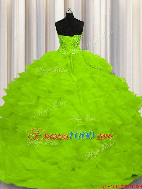 Sweep Train Sleeveless Beading and Ruffles Lace Up Quinceanera Gown