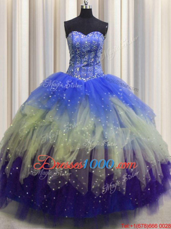 Visible Boning Beading and Ruffles and Sequins Sweet 16 Quinceanera Dress Multi-color Lace Up Sleeveless Floor Length