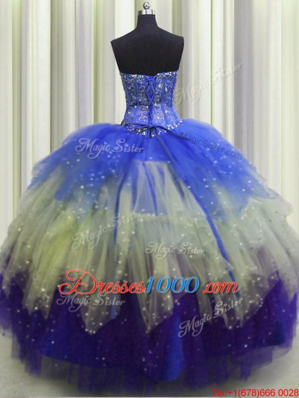 Visible Boning Beading and Ruffles and Sequins Sweet 16 Quinceanera Dress Multi-color Lace Up Sleeveless Floor Length
