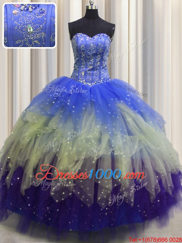 Visible Boning Beading and Ruffles and Sequins Sweet 16 Quinceanera Dress Multi-color Lace Up Sleeveless Floor Length
