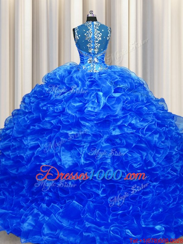 Zipper Up See Through Back Straps Sleeveless Organza Quinceanera Gown Beading and Ruffles Sweep Train Zipper
