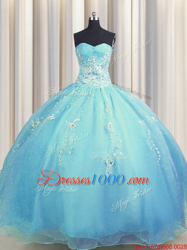 Zipper Up Baby Blue and Light Blue Zipper Sweetheart Beading and Appliques Quinceanera Gown Organza Sleeveless