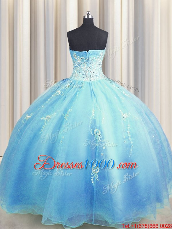 Zipper Up Baby Blue and Light Blue Zipper Sweetheart Beading and Appliques Quinceanera Gown Organza Sleeveless