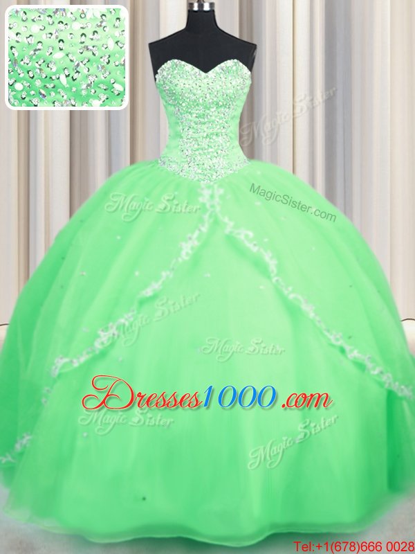 Latest Sleeveless Brush Train Lace Up With Train Beading and Appliques Ball Gown Prom Dress