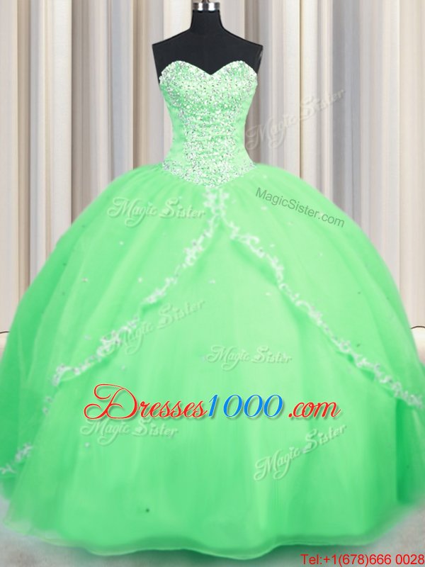 Latest Sleeveless Brush Train Lace Up With Train Beading and Appliques Ball Gown Prom Dress