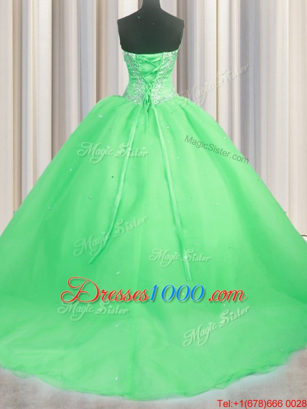 Latest Sleeveless Brush Train Lace Up With Train Beading and Appliques Ball Gown Prom Dress