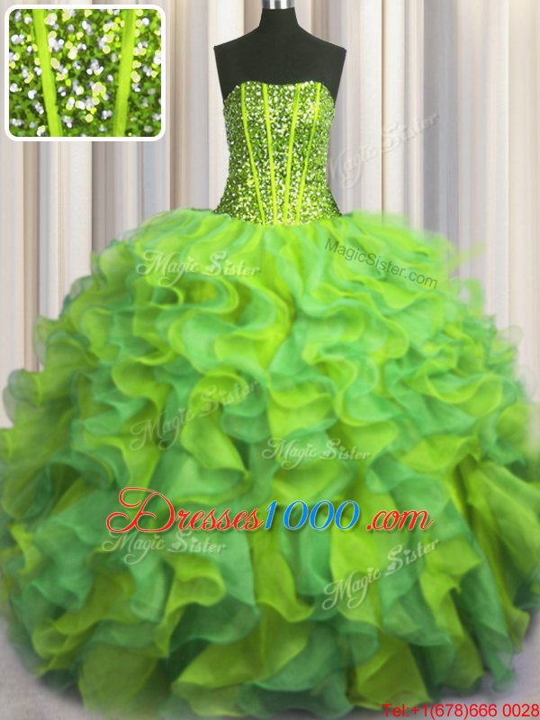 Visible Boning Beaded Bodice Floor Length Lace Up 15 Quinceanera Dress Multi-color and In for Military Ball and Sweet 16 and Quinceanera with Beading and Ruffles