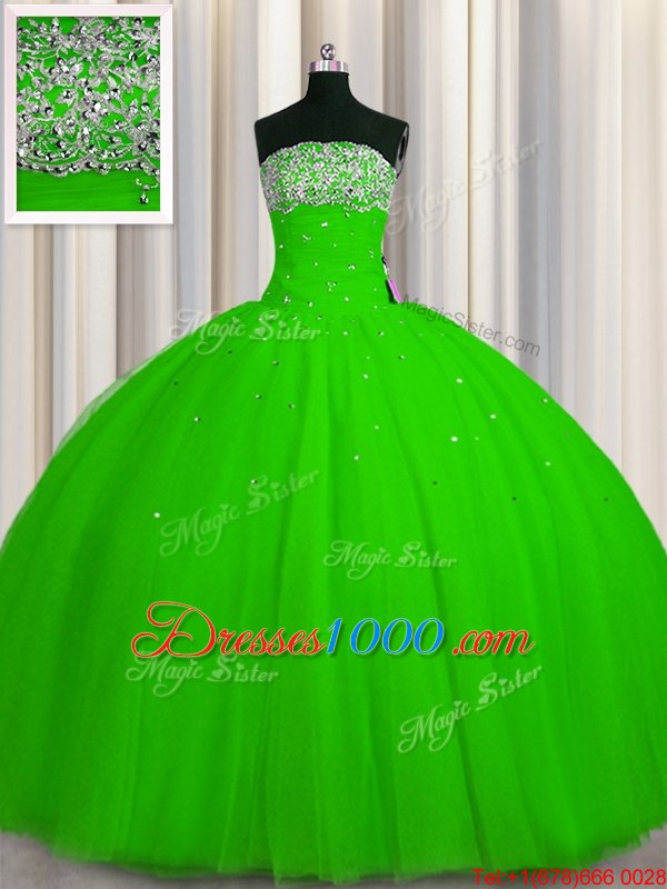 Pretty Big Puffy Tulle Sleeveless Floor Length Quinceanera Gowns and Beading and Sequins