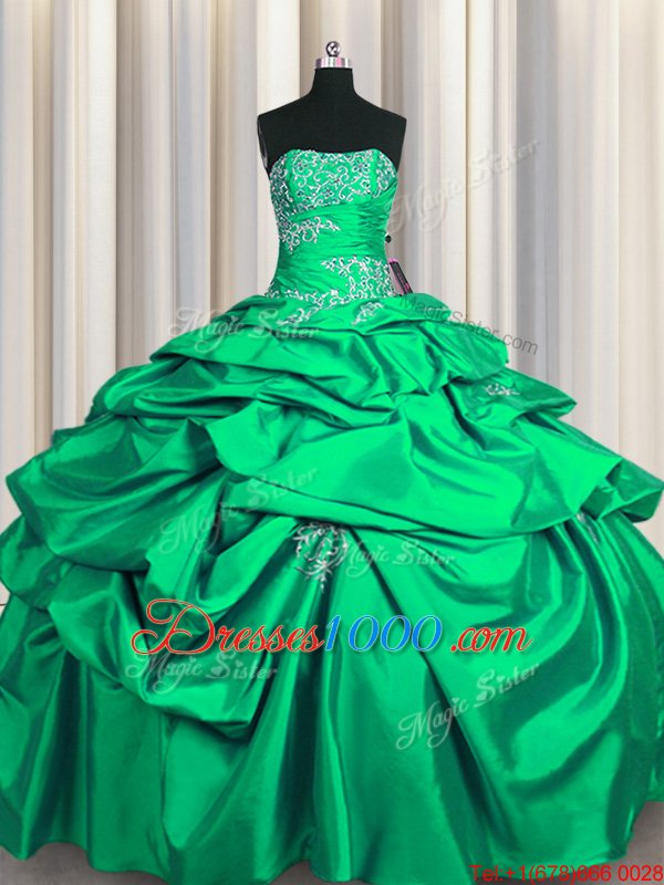 Artistic Turquoise Lace Up Strapless Appliques and Pick Ups Quince Ball Gowns Taffeta Sleeveless