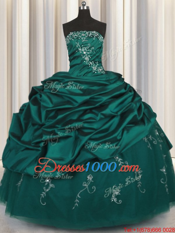 Peacock Green Sleeveless Floor Length Beading and Appliques and Embroidery and Pick Ups Lace Up Quinceanera Gowns