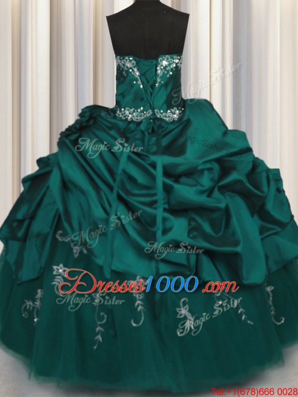 Peacock Green Sleeveless Floor Length Beading and Appliques and Embroidery and Pick Ups Lace Up Quinceanera Gowns
