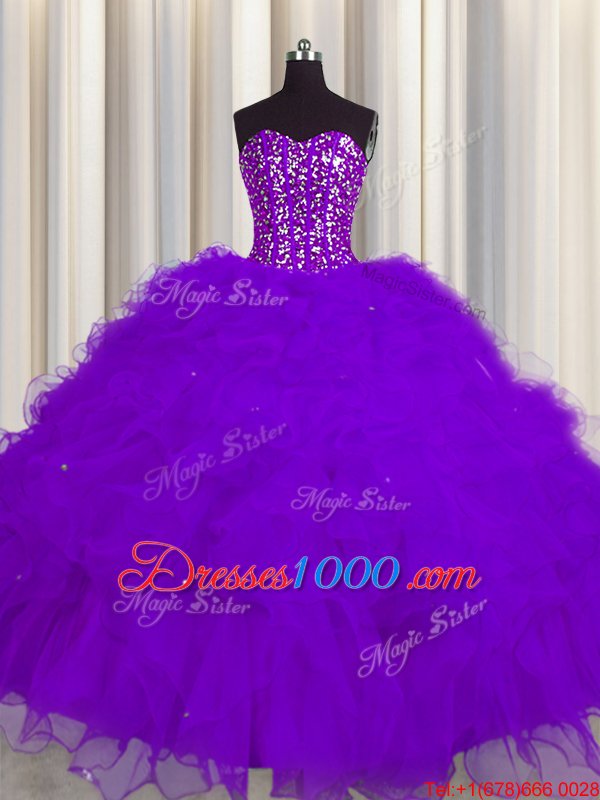 Visible Boning Floor Length Purple Quinceanera Gown Tulle Sleeveless Beading and Ruffles and Sequins