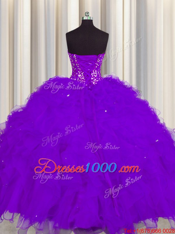Visible Boning Floor Length Purple Quinceanera Gown Tulle Sleeveless Beading and Ruffles and Sequins