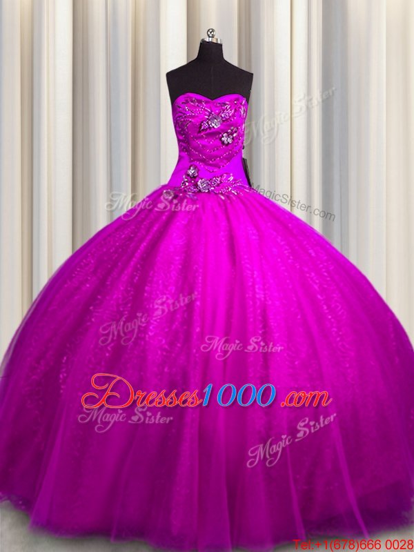 Superior Fuchsia Ball Gowns Beading and Appliques Quinceanera Gown Lace Up Tulle and Sequined Sleeveless Floor Length