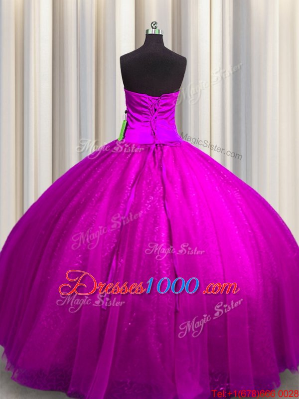 Superior Fuchsia Ball Gowns Beading and Appliques Quinceanera Gown Lace Up Tulle and Sequined Sleeveless Floor Length