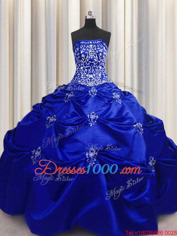 Royal Blue Strapless Neckline Beading and Appliques and Embroidery Quinceanera Gowns Sleeveless Lace Up