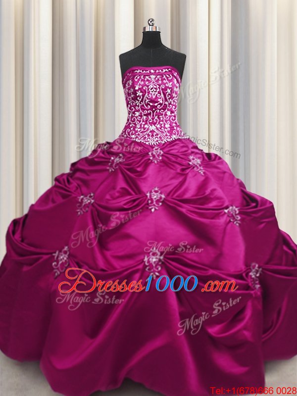 Lovely Fuchsia Ball Gowns Strapless Sleeveless Taffeta Floor Length Lace Up Beading and Appliques and Embroidery 15 Quinceanera Dress