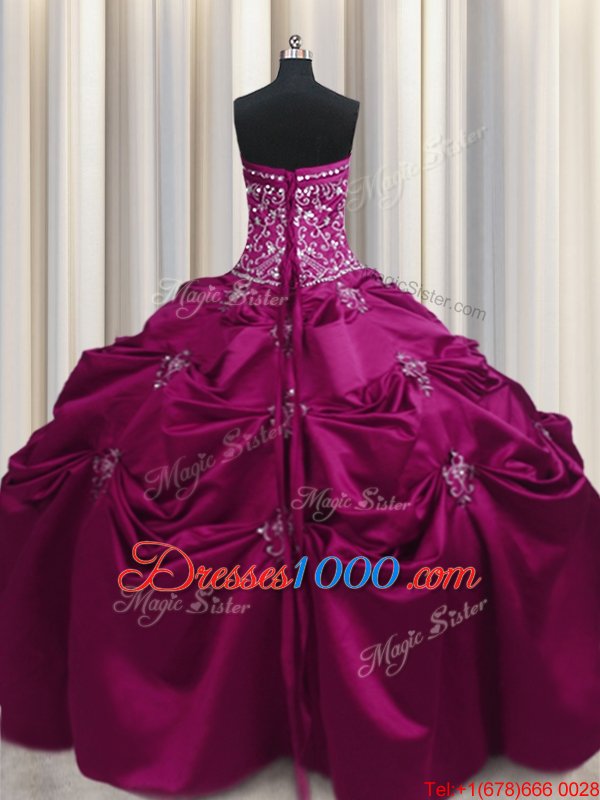 Lovely Fuchsia Ball Gowns Strapless Sleeveless Taffeta Floor Length Lace Up Beading and Appliques and Embroidery 15 Quinceanera Dress