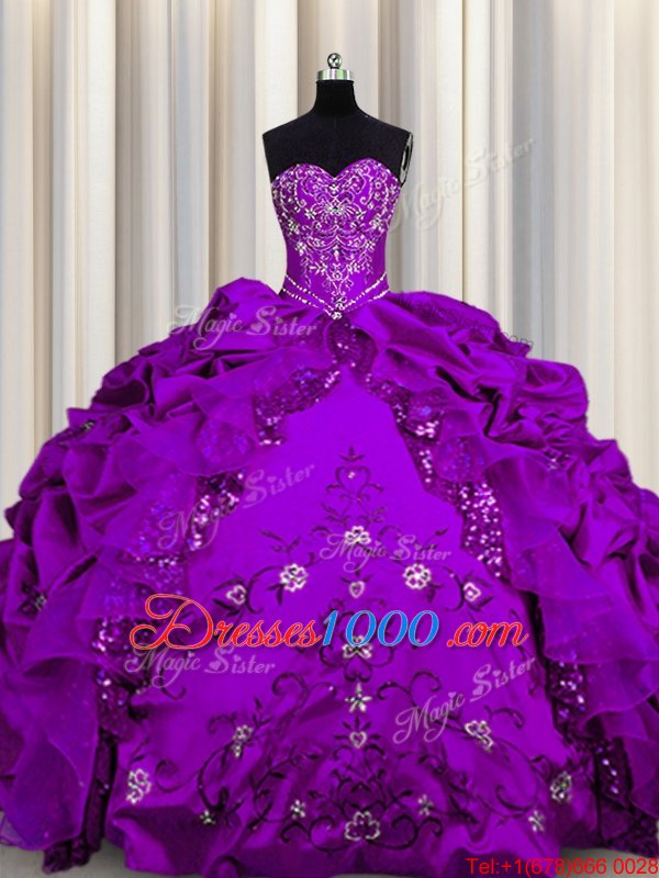 Artistic Sequins Purple Sweetheart Neckline Beading and Embroidery and Ruffles Sweet 16 Dress Sleeveless Lace Up