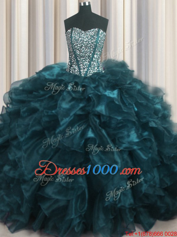 Visible Boning Bling-bling Brush Train Ball Gowns Quinceanera Dresses Teal Sweetheart Organza Sleeveless With Train Lace Up