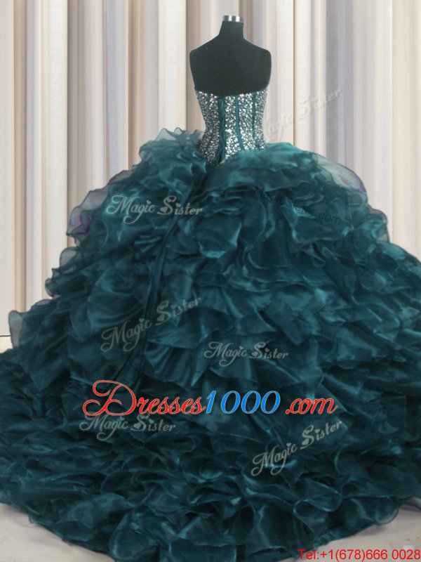 Visible Boning Bling-bling Brush Train Ball Gowns Quinceanera Dresses Teal Sweetheart Organza Sleeveless With Train Lace Up