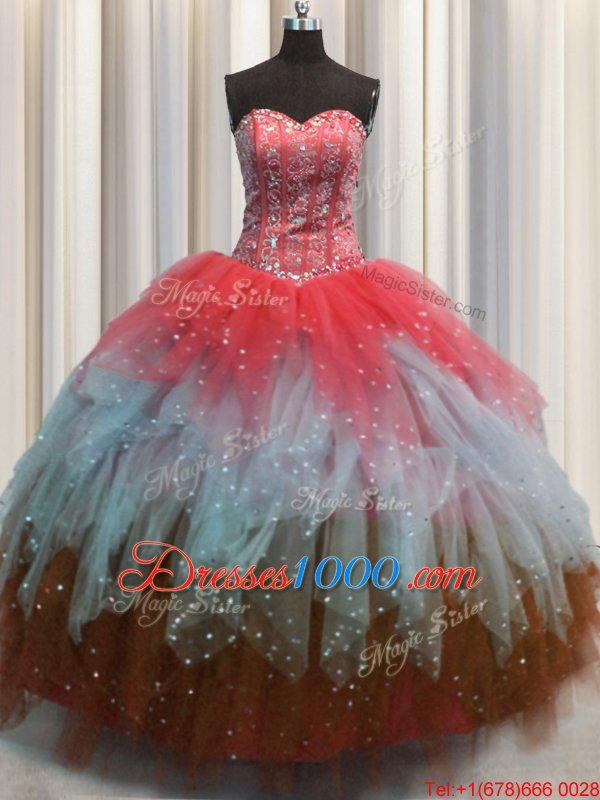 Admirable Visible Boning Multi-color Tulle Lace Up Quinceanera Dresses Sleeveless Floor Length Beading and Ruffles and Sequins