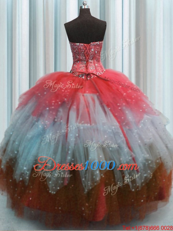 Admirable Visible Boning Multi-color Tulle Lace Up Quinceanera Dresses Sleeveless Floor Length Beading and Ruffles and Sequins