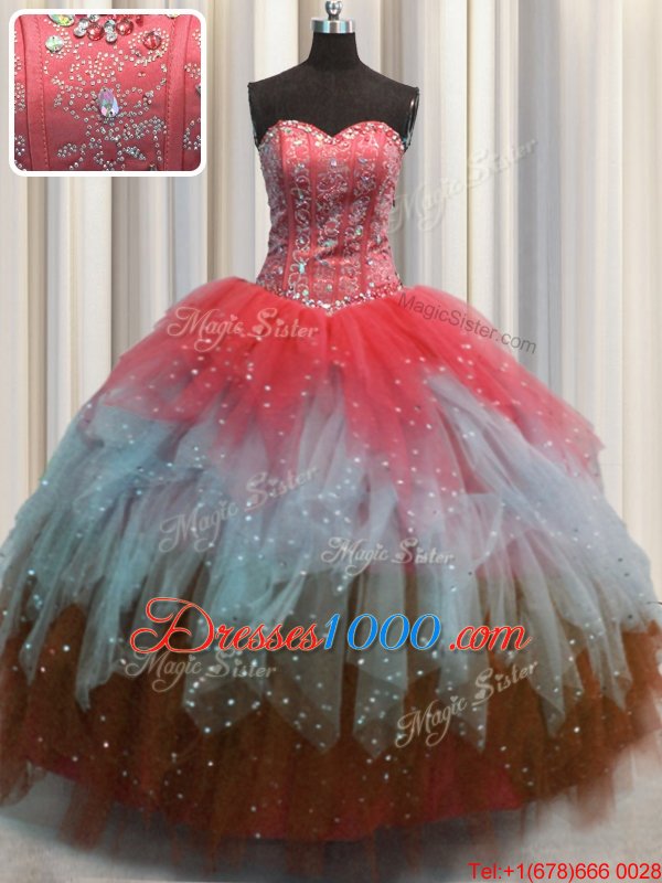 Admirable Visible Boning Multi-color Tulle Lace Up Quinceanera Dresses Sleeveless Floor Length Beading and Ruffles and Sequins