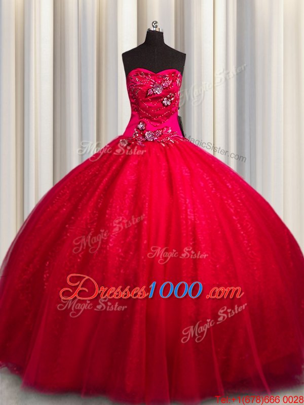 Sequined Red Vestidos de Quinceanera Military Ball and Sweet 16 and Quinceanera and For with Beading and Appliques Sweetheart Sleeveless Lace Up