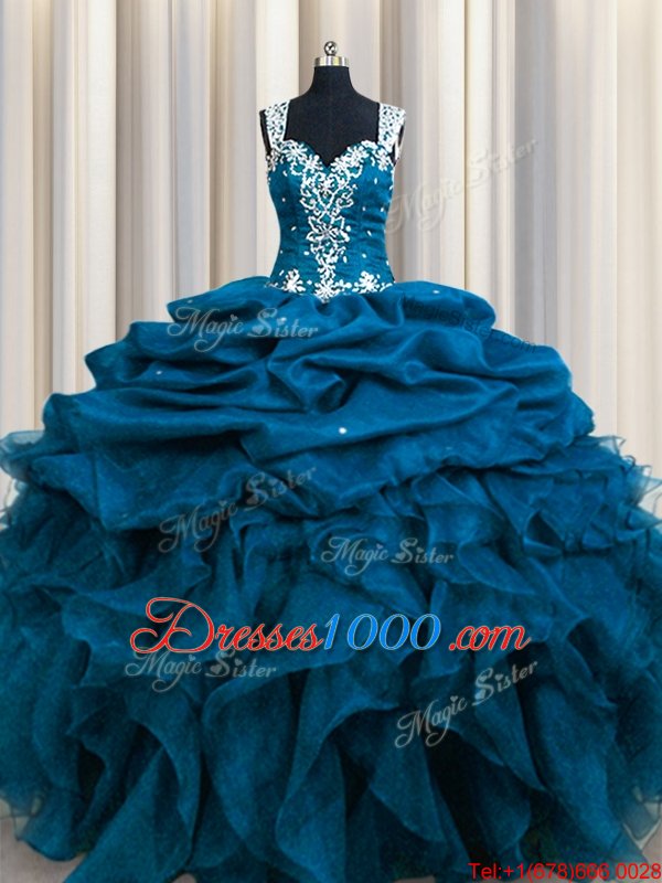 Zipple Up See Through Back Teal Ball Gowns Organza Straps Sleeveless Beading and Ruffles and Sequins and Pick Ups Floor Length Zipper Quinceanera Gowns